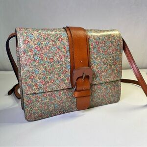 Patricia Nash Floral Print Leather Flap Buckled Crossbody Bag Brown Leather Trim